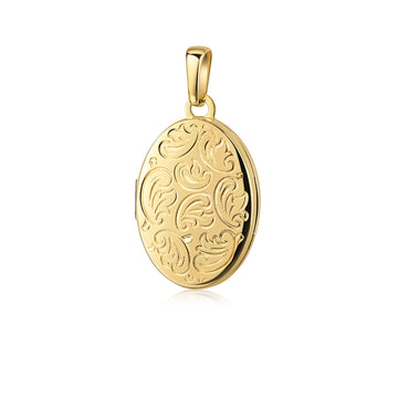 Goldenes Oval-Medaillon mit floraler Gravur, aufklappbar, glänzend poliert, an Öse für Kette