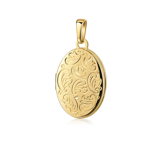 Goldenes Oval-Medaillon mit floraler Gravur, aufklappbar, glänzend poliert, an Öse für Kette