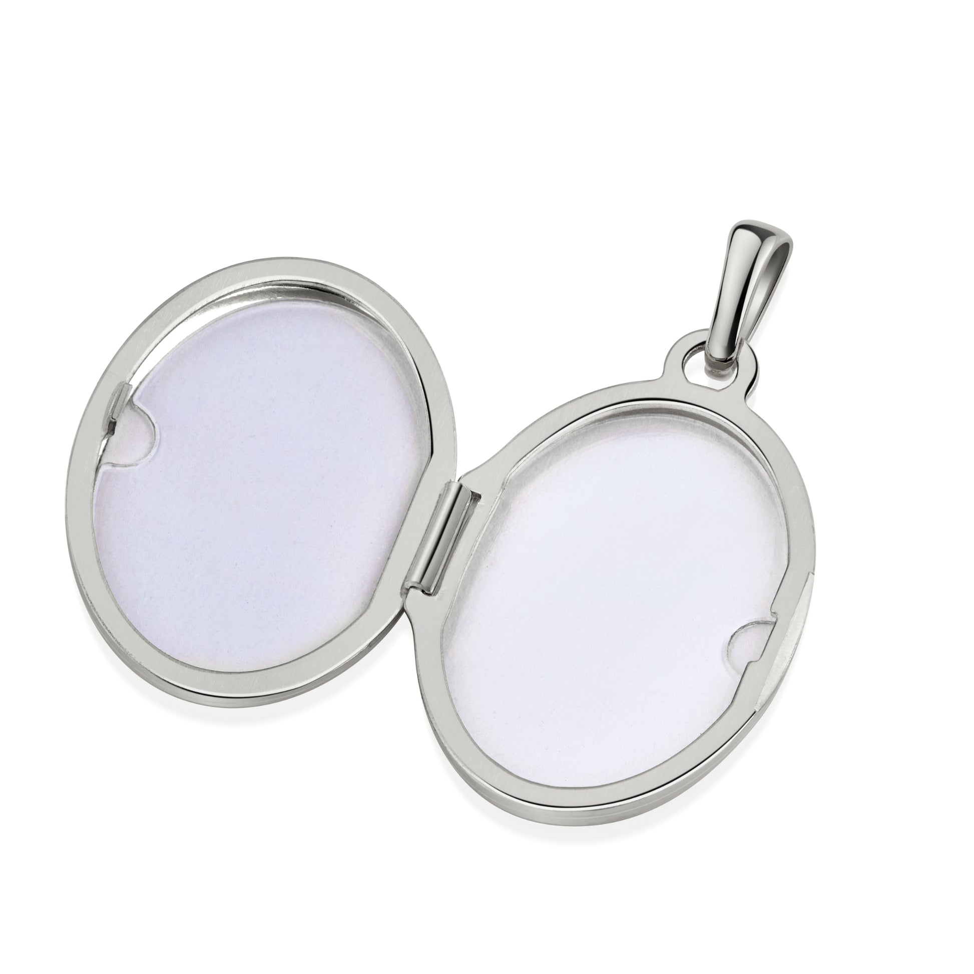Geöffnetes ovales Silber-Medaillon mit polierten Innenflächen und elegantem Bügel zum Personalisieren