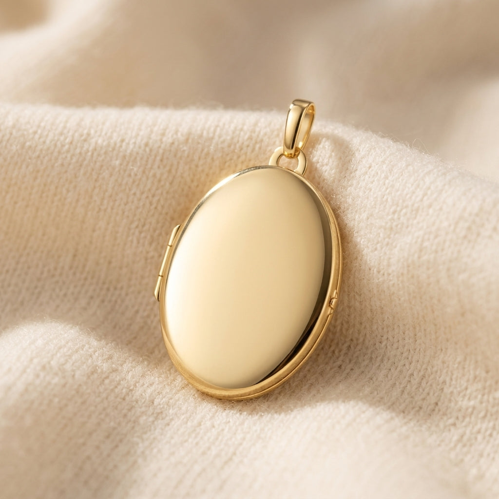 Goldenes Oval-Medaillon Pure Grand zum Öffnen auf cremefarbenem Stoff, polierte Oberfläche, mit Aufhängeöse