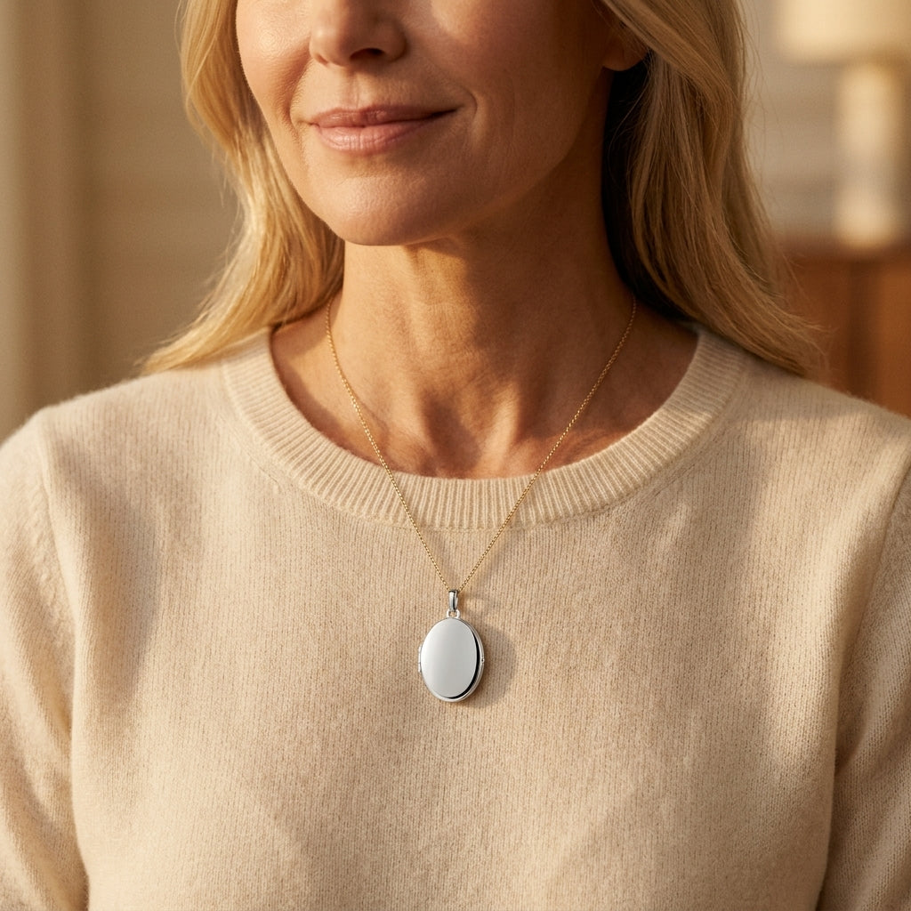 Frau trägt ovales Silber-Medaillon an feiner Kette, glänzende Oberfläche, klassisches Design über beigem Pullover