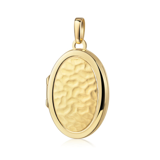 Goldenes Oval-Medaillon mit gehämmerter Oberfläche in Sandoptik, aufklappbar, mit Öse für Kette