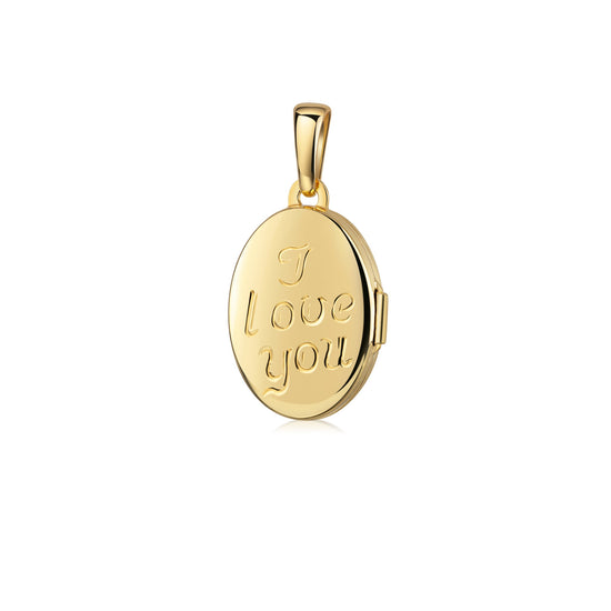 Goldenes ovales Medaillon mit Gravur "I love you" und Teddybär, aufklappbar, mit Öse für Kette
