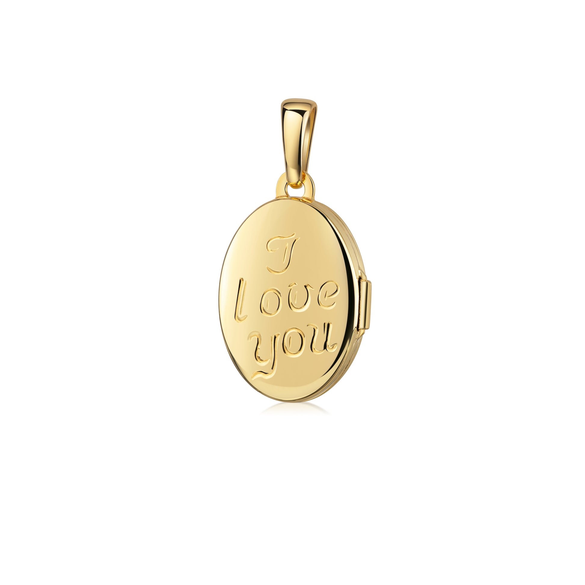 Goldenes ovales Medaillon mit Gravur "I love you" und Teddybär, aufklappbar, mit Öse für Kette