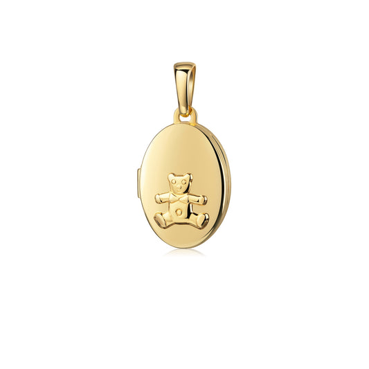 Goldenes ovales Medaillon mit aufklappbarem Design und geprägtem Teddybär-Motiv an feiner Öse