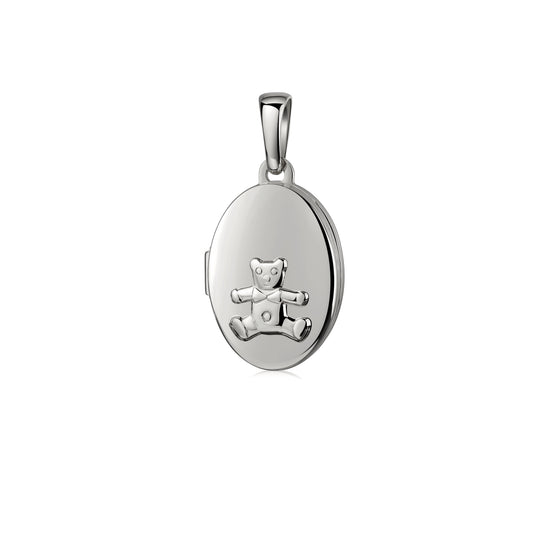 Ovales Silber-Medaillon mit aufgesetztem Teddybär-Relief, hochglanzpoliert, zum Öffnen für Fotos