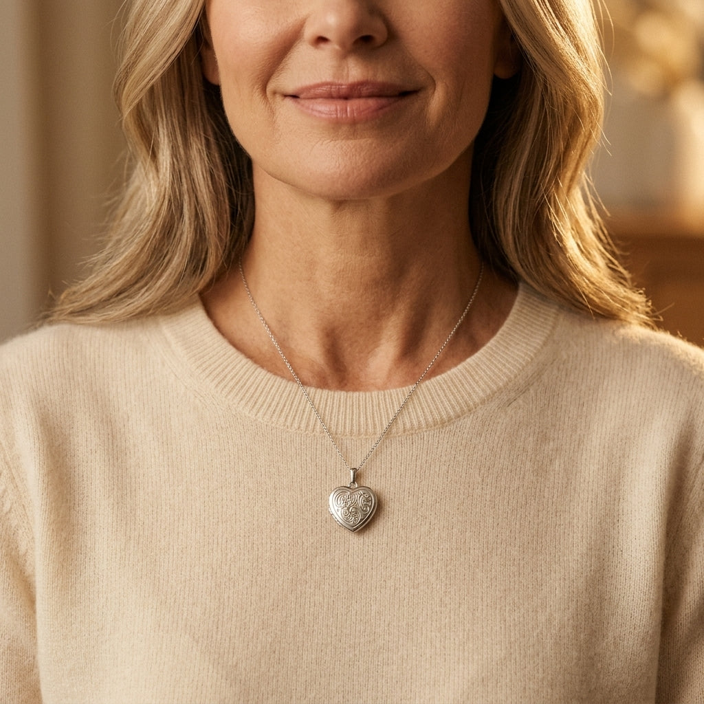Silbernes Herz-Medaillon Victoria mit filigranen Gravuren an zarter Kette, getragen auf beigem Pullover